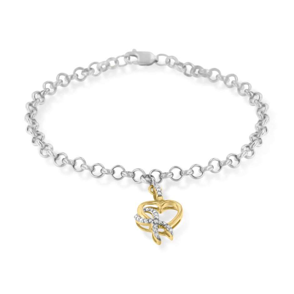 10K Yellow Gold 1/10 Cttw Diamond Awareness Ribbon & Heart Charm on 7