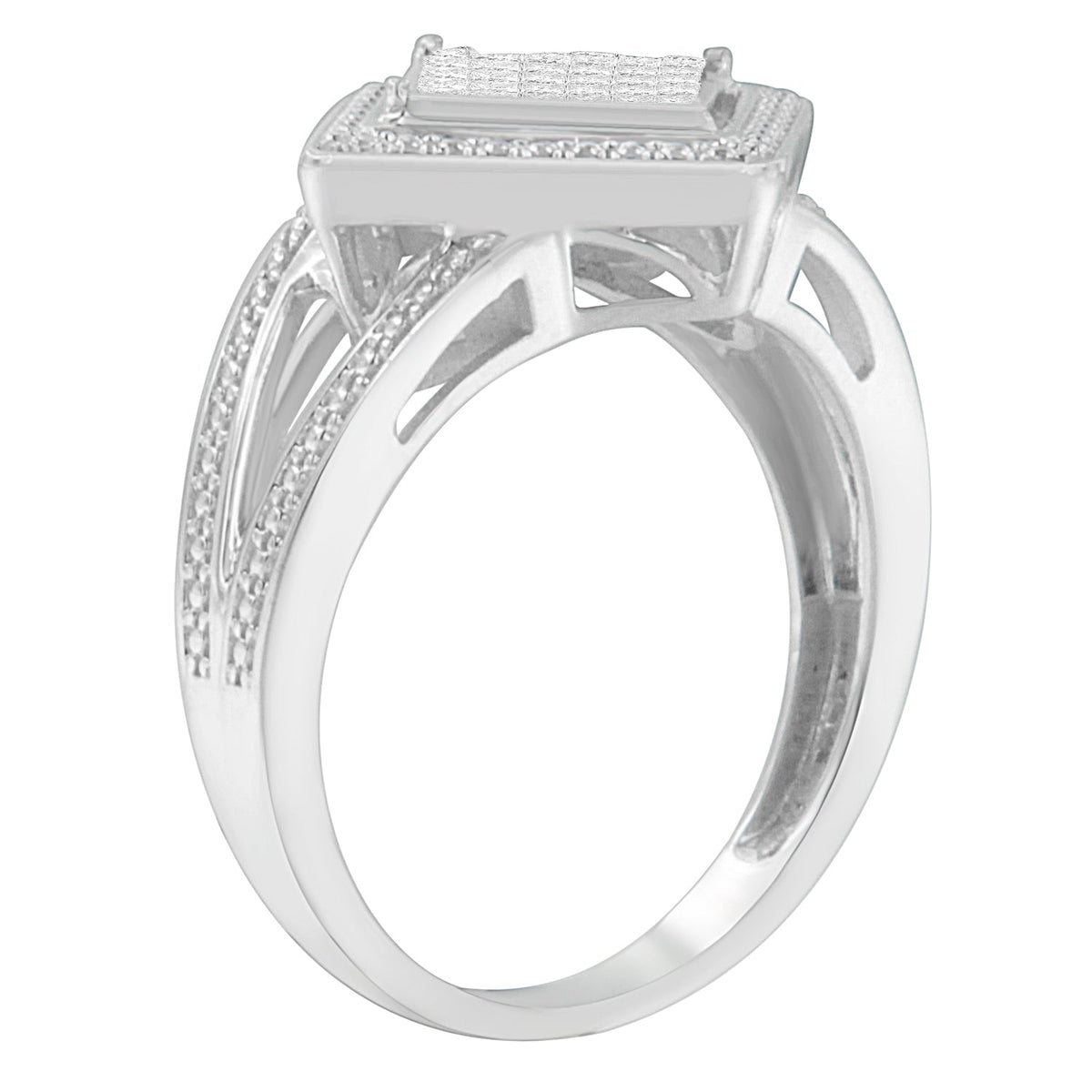 .925 Sterling Silver 1/3 Cttw Invisible Set Princess-Cut Diamond Rhombus and Beaded Halo Ring (H-I Color, SI1-SI2 Clarity) - Ring Size 7