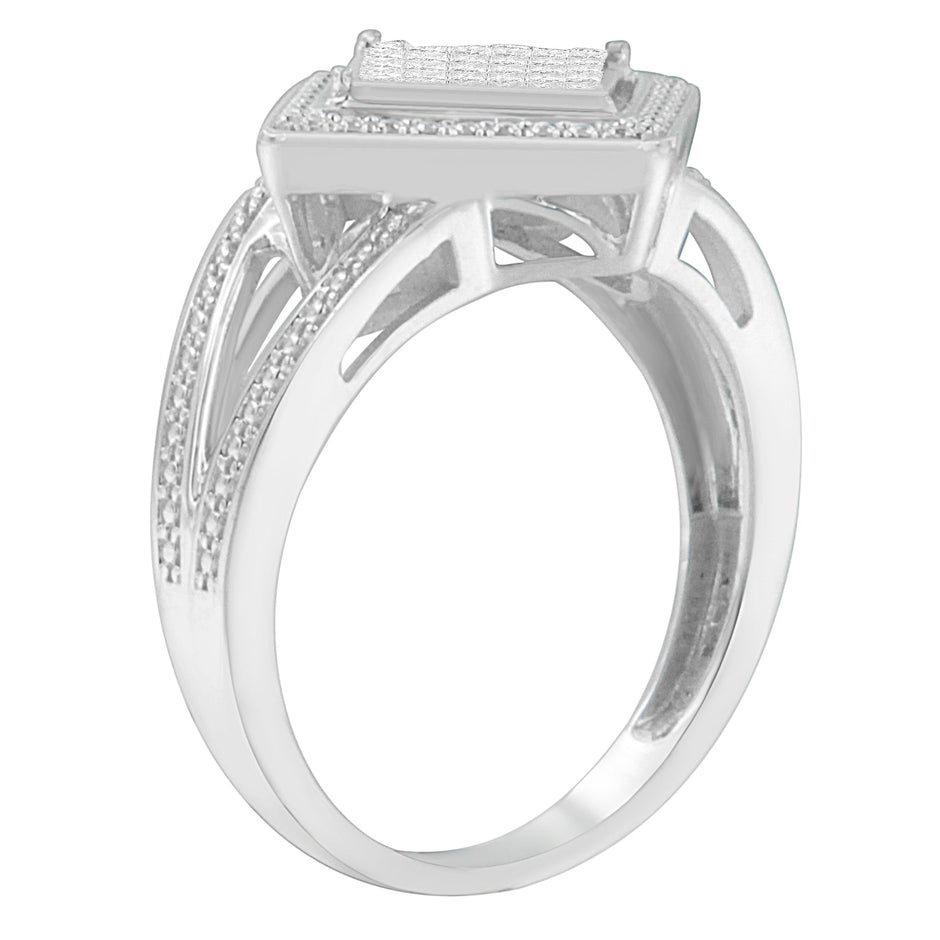 .925 Sterling Silver 1/3 Cttw Invisible Set Princess-Cut Diamond Rhombus and Beaded Halo Ring (H-I Color, SI1-SI2 Clarity) - Ring Size 7