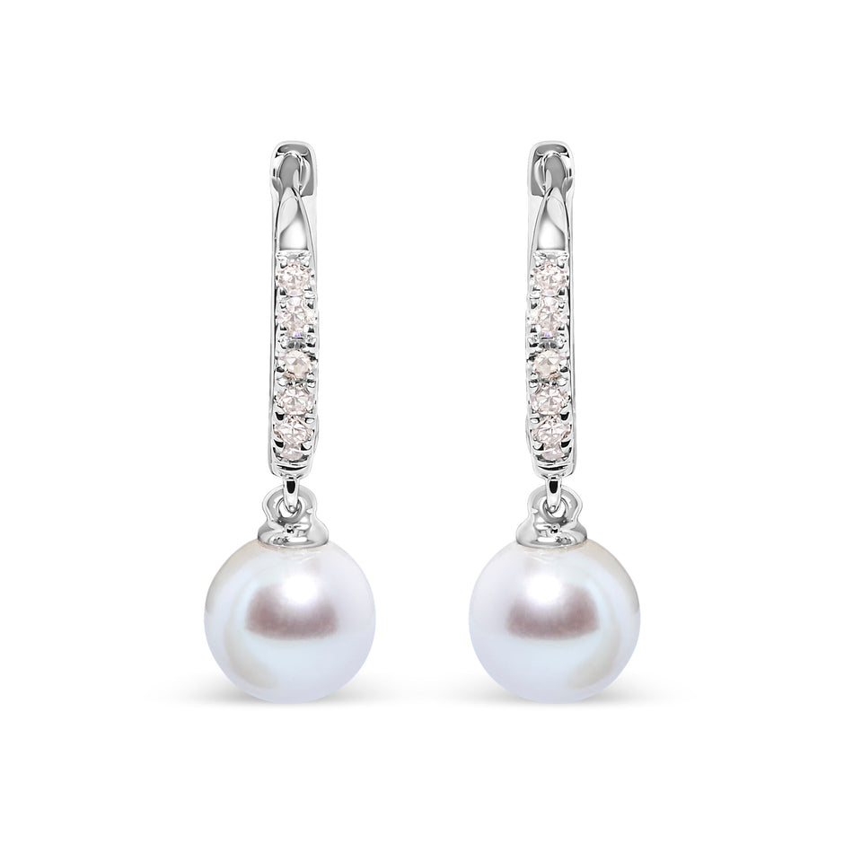 10K White Gold 6x6 MM Cultured Freshwater Pearl and Diamond Accent Drop Huggy Earring (H-I Color, I1-I2 Clarity)