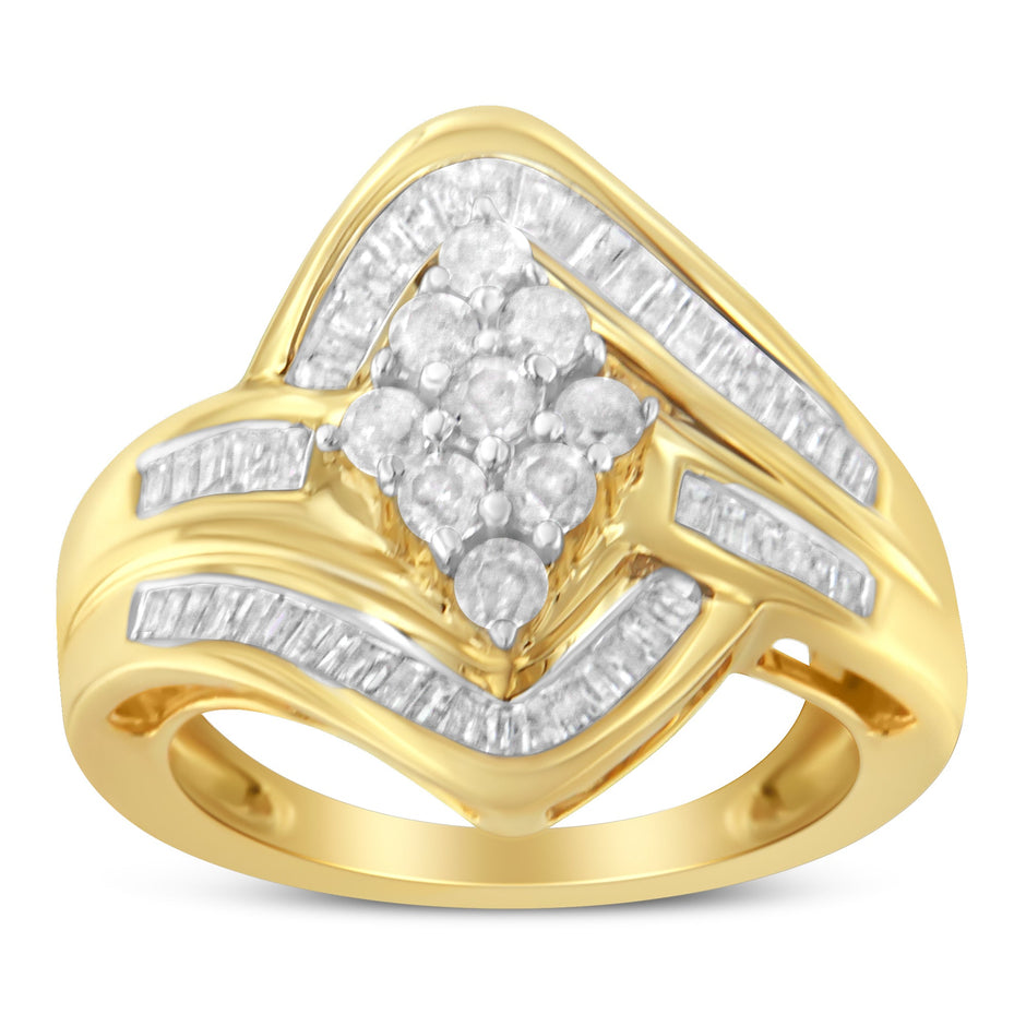 10K Yellow Gold over .925 Sterling Silver Diamond Bypass Cluster Ring (1 Cttw, I-J Color, I2-I3 Clarity) - Size 6