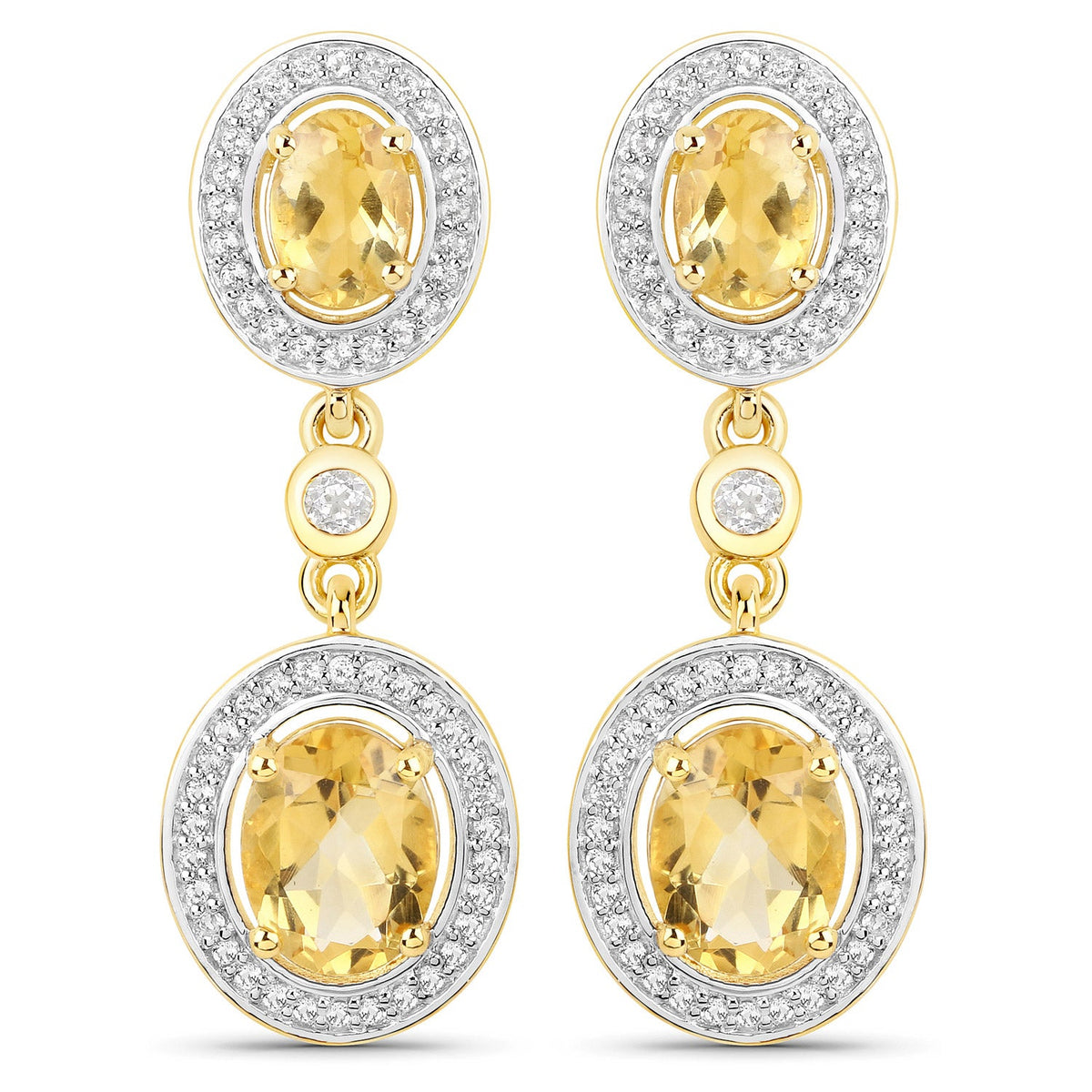 18K Yellow Gold Plated 5.70 Carat Genuine Citrine and White Topaz .925 Sterling Silver Earrings