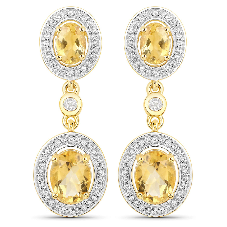 18K Yellow Gold Plated 5.70 Carat Genuine Citrine and White Topaz .925 Sterling Silver Earrings