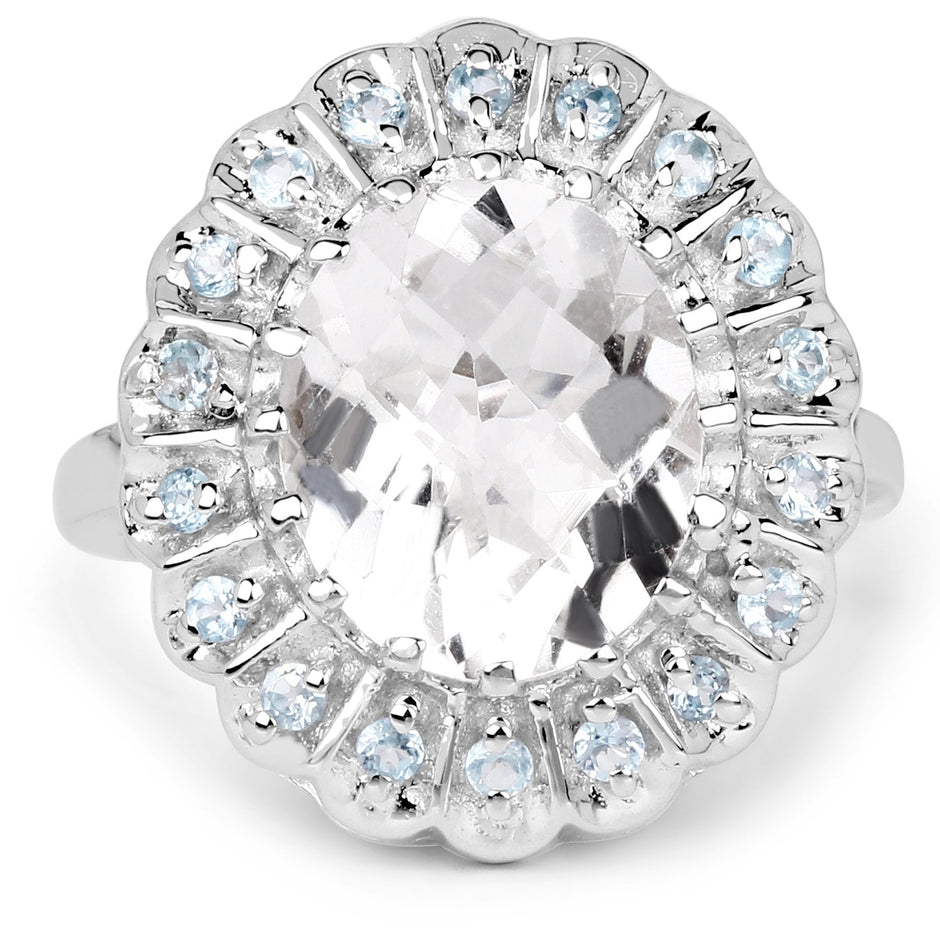 5.90 Carat Genuine Crystal Quartz and Swiss Blue Topaz .925 Sterling Silver Ring