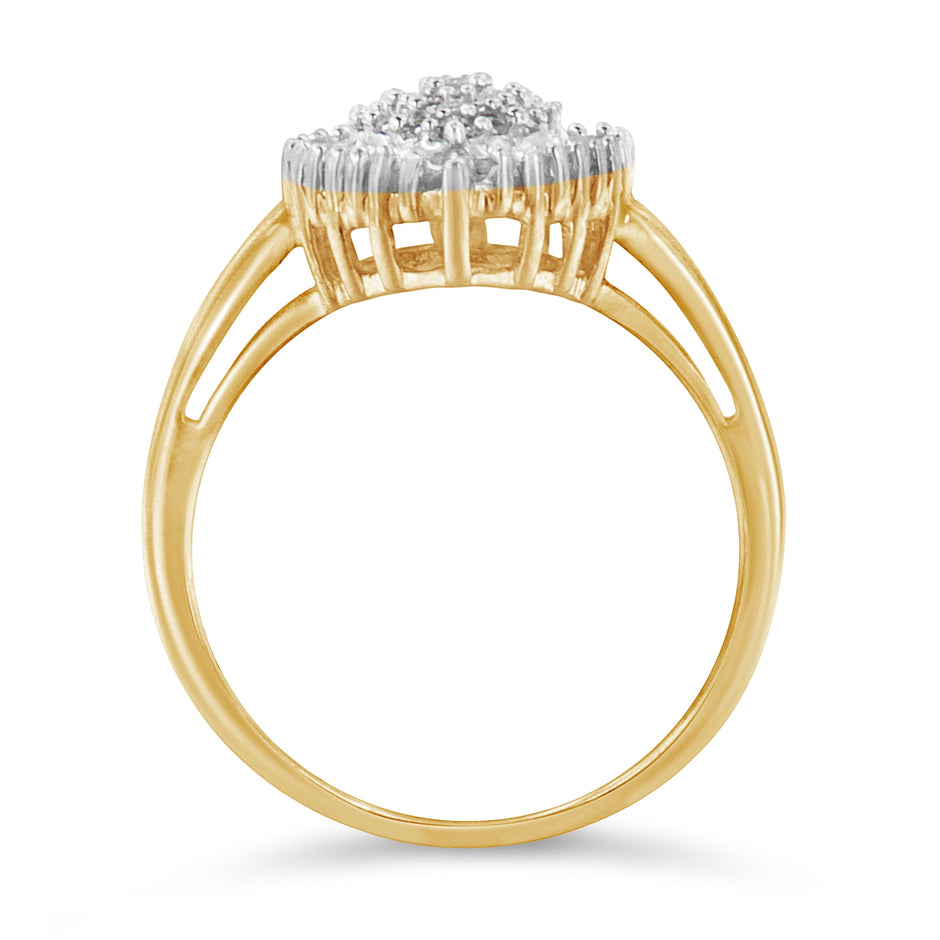 10K Yellow Gold 1/2 Cttw Round & Baguette Cut Diamond Pear Shaped Domed PavÃ© Cluster with Halo Cocktail Ring (J-K Color, I1-I2 Clarity) - Size 4-1/4