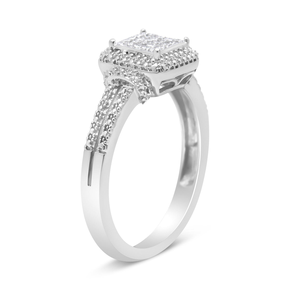 .925 Sterling Silver 1/4 Cttw Princess-cut Diamond Composite Ring with Beaded Halo (H-I Color, SI1-SI2 Clarity) - Size 7