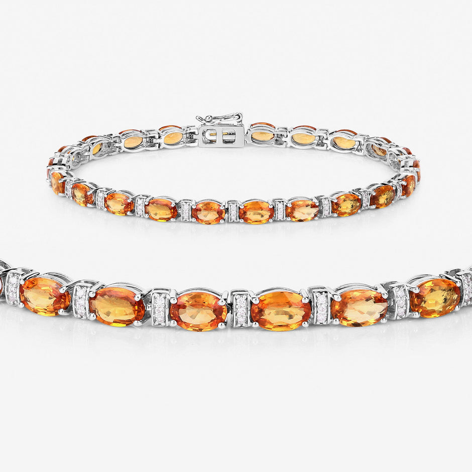 16.73 Carat Genuine Orange Sapphire and White Diamond 14K White Gold Bracelet