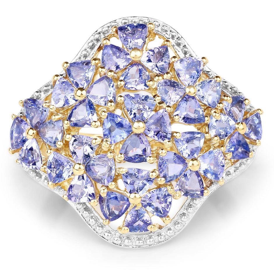 14K Yellow Gold Plated 3.60 Carat Genuine Tanzanite .925 Sterling Silver Ring