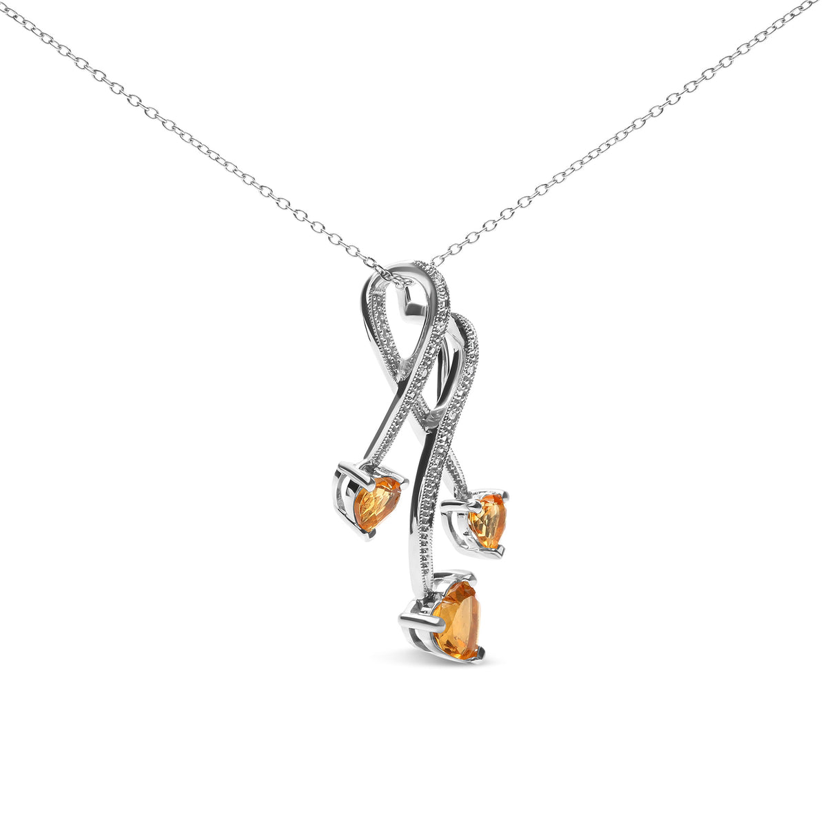 .925 Sterling Silver 3-Stone Heart Shape Citrine and Diamond Accent Spiral Drop 18