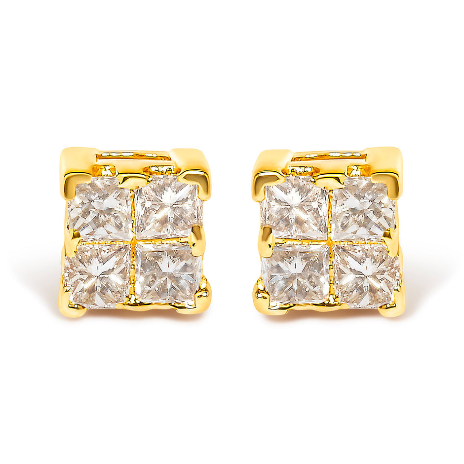 14K Yellow Gold 1/4 Cttw Invisible Set Princess-Cut Diamond Square Stud Earring (J-K Color, I1-I2 Clarity)