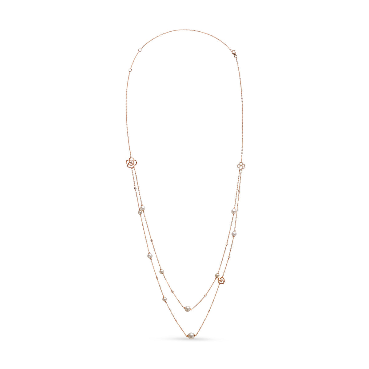 18K Rose Gold 1/2 Cttw Diamond and Freshwater Pearl Double Strand Station Necklace  (G-H Color, SI1-SI2 Clarity) - Adjustable up to 16