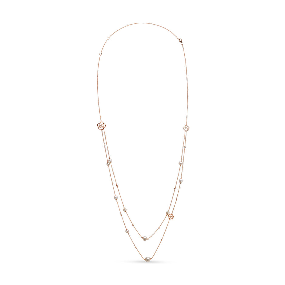 18K Rose Gold 1/2 Cttw Diamond and Freshwater Pearl Double Strand Station Necklace  (G-H Color, SI1-SI2 Clarity) - Adjustable up to 16" to 20"