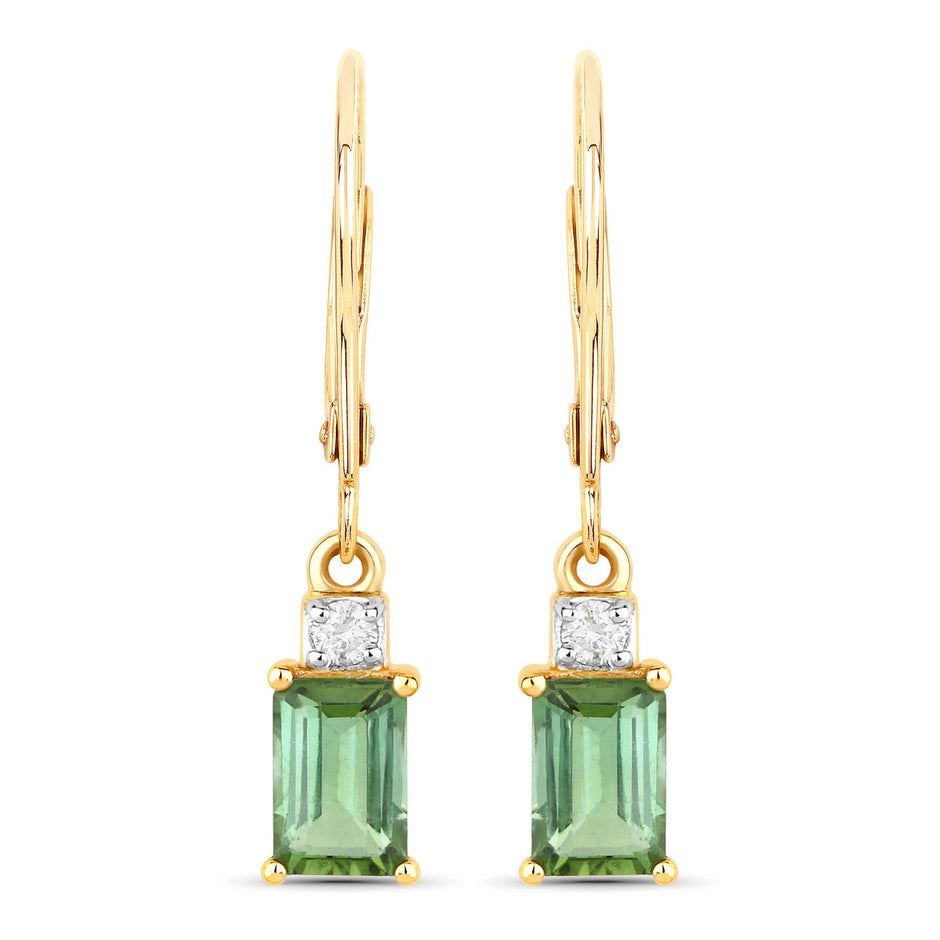 1.28 Carat Genuine Green Tourmaline and White Diamond 14K Yellow Gold Earrings