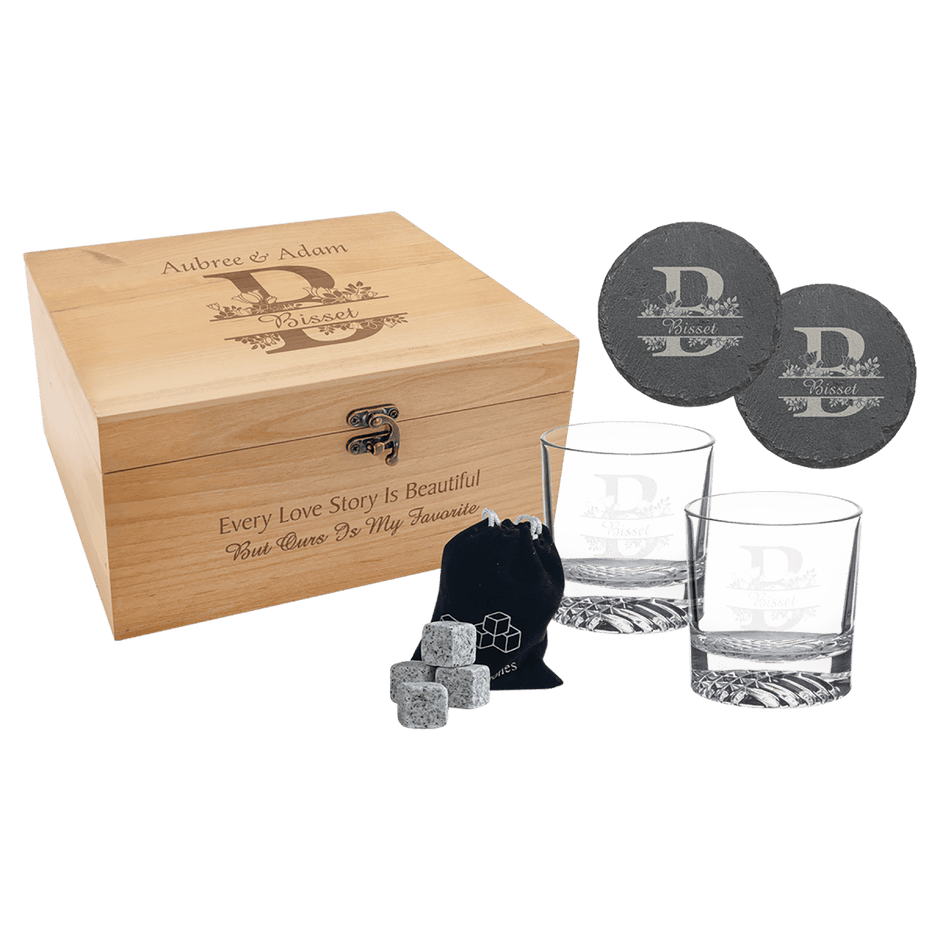 Custom Engraved Whiskey Gift Set – Red Alder Box with Glasses, Slate Coasters & Whiskey Stones - Custom Crafting Alliance, LLC