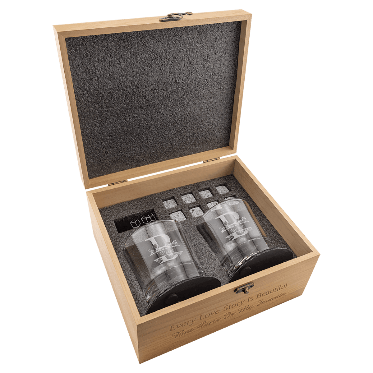Custom Engraved Whiskey Gift Set – Red Alder Box with Glasses, Slate Coasters & Whiskey Stones - Barware - Custom Crafting Alliance, LLC