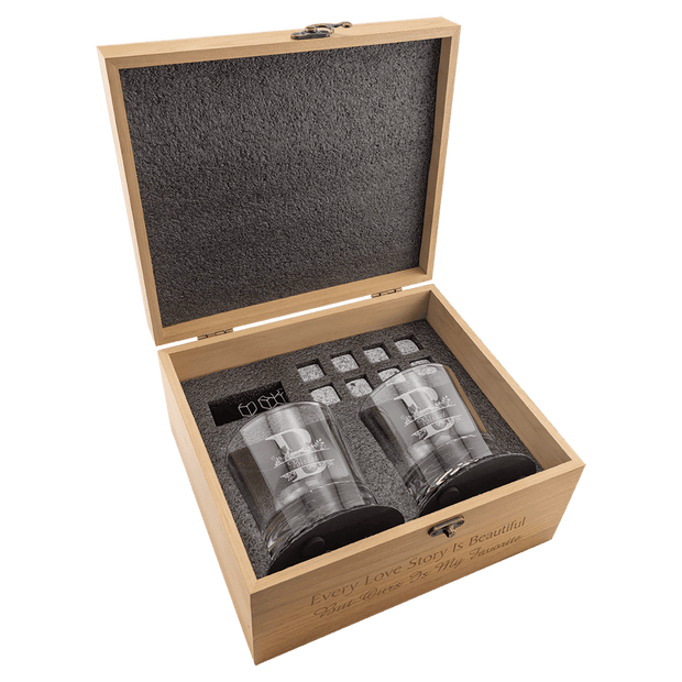 Custom Engraved Whiskey Gift Set – Red Alder Box with Glasses, Slate Coasters & Whiskey Stones - Barware - Custom Crafting Alliance, LLC