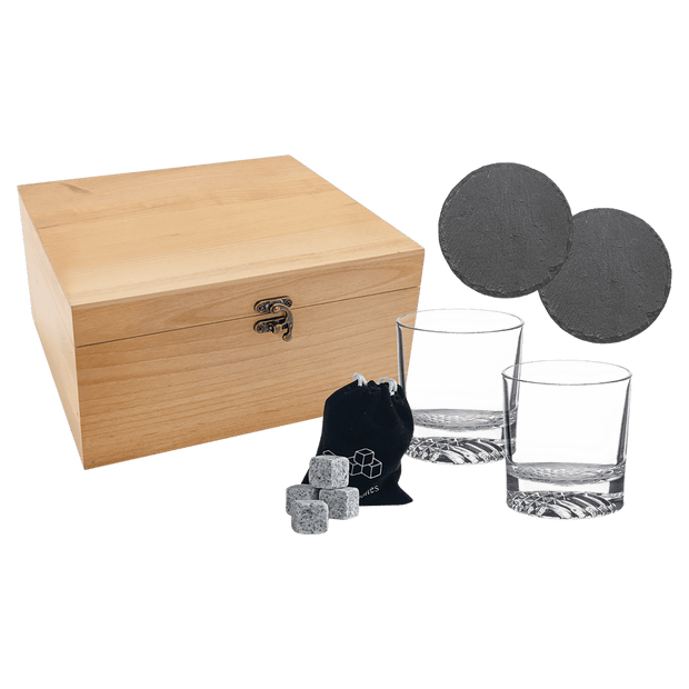 Custom Engraved Whiskey Gift Set – Red Alder Box with Glasses, Slate Coasters & Whiskey Stones - Barware - Custom Crafting Alliance, LLC