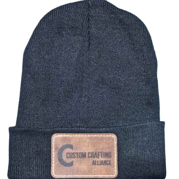 Customizable Knit Beanie with Laser - Engraved Leatherette Patch - Custom Crafting Alliance
