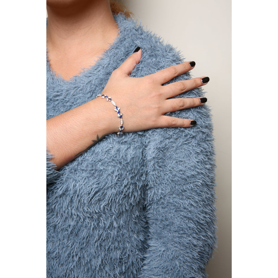18K White Gold 1 3/4 Cttw Diamond and 3x3mm Round Blue Sapphire Gemstone Floral Link Bracelet (G-H Color, SI1-SI2 Clarity) - Size 7