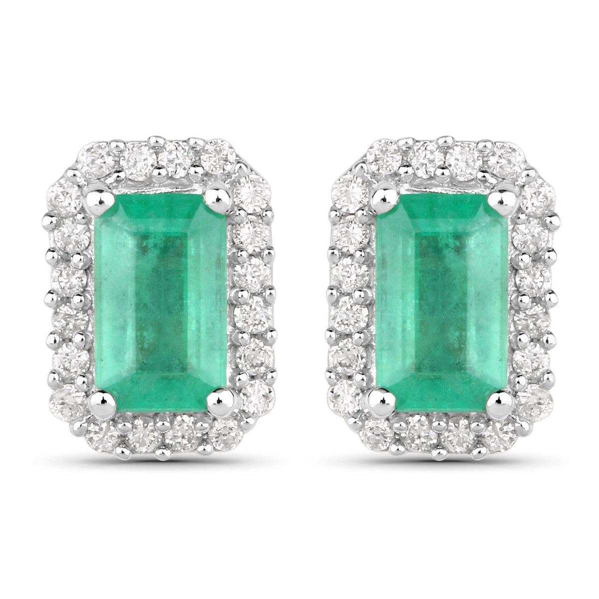 0.91 Carat Genuine Zambian Emerald and White Diamond 14K White Gold Earrings
