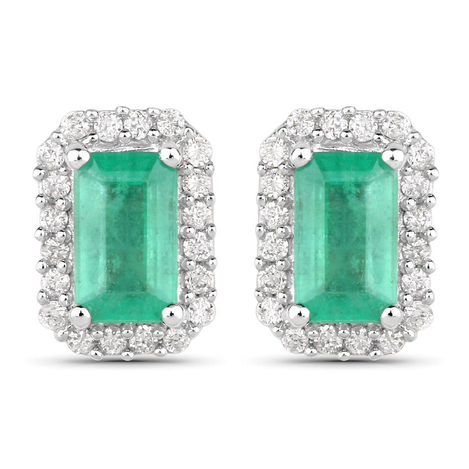 0.91 Carat Genuine Zambian Emerald and White Diamond 14K White Gold Earrings