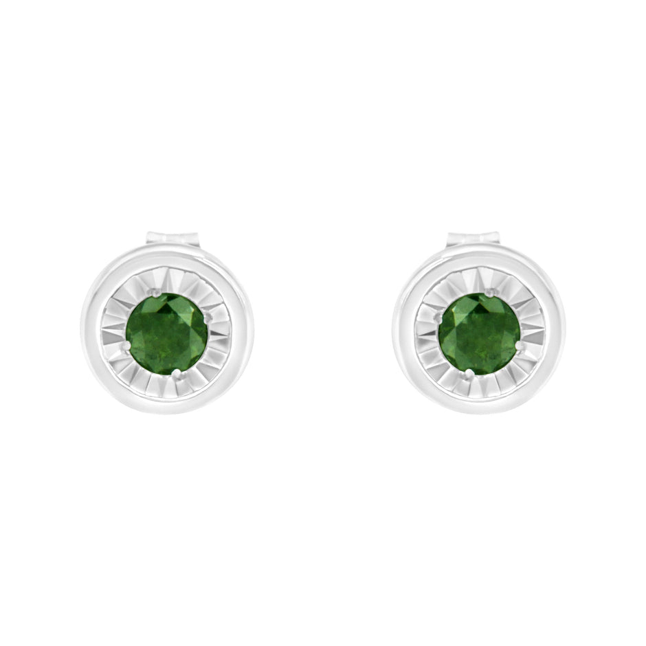 .925 Sterling Silver 1/4 Cttw Round Brilliant-Cut Green Diamond Miracle-Set Stud Earrings (Fancy Color-Enhanced, I1-I2 Clarity)