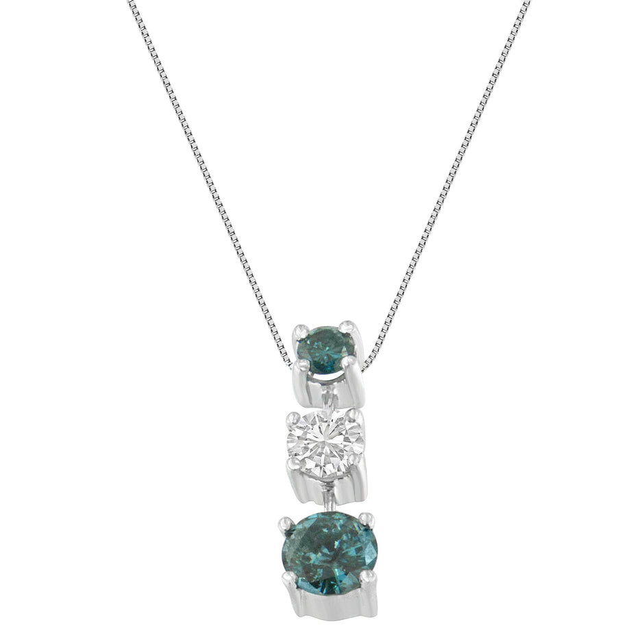 14K White Gold 1 1/2 Cttw Treated Blue and White Diamond 3-Stone 18