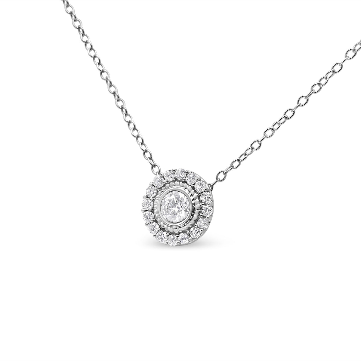 .925 Sterling Silver 1/2 Cttw Round Diamond Halo Circle Pendant 18