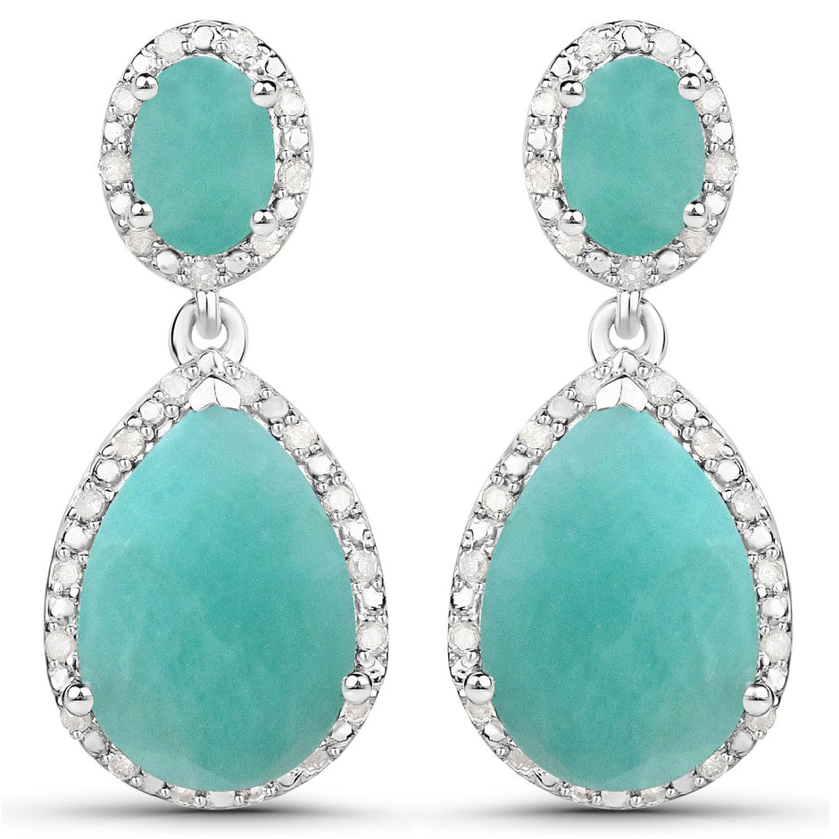 9.64 Carat Genuine Emerald and White Diamond .925 Sterling Silver Earrings