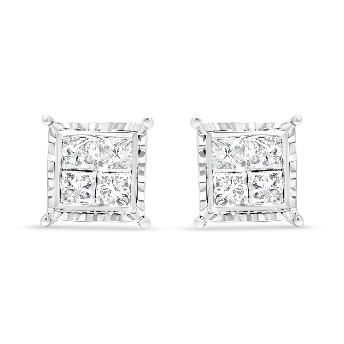 14K White Gold 1 1/2 Cttw Invisible Set Princess-Cut Diamond Contemporary Wavy Quad Stud Earrings (I-J Color, I1-I2 Clarity)