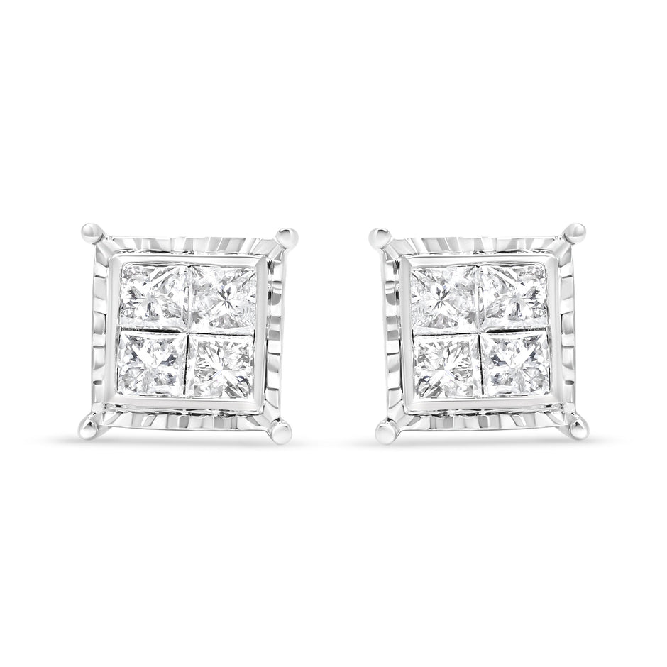 14K White Gold 1 1/2 Cttw Invisible Set Princess-Cut Diamond Contemporary Wavy Quad Stud Earrings (I-J Color, I1-I2 Clarity)