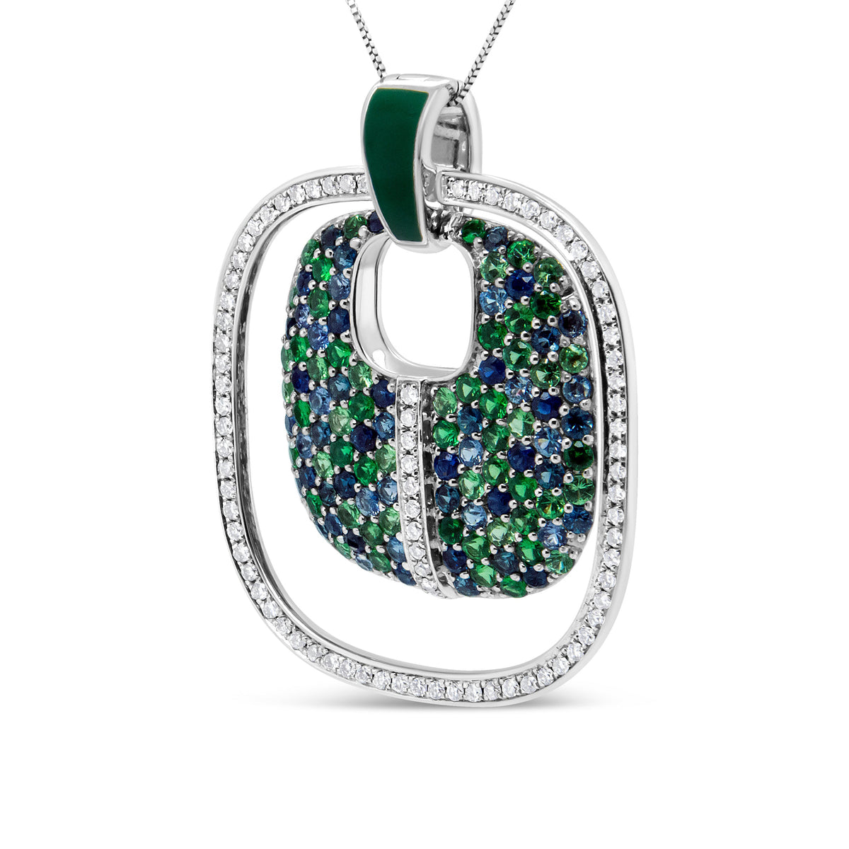 .925 Sterling Silver Green Enamel Pendant with 1/2 Cttw Diamond, Sapphire, and Tsavorite Openwork Statement 18