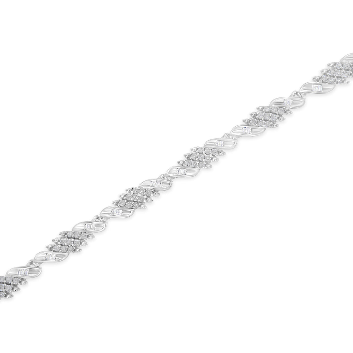 .925 Sterling Silver 1-1/2 Cttw Round and Baguette Cut Diamond Wave Link Bracelet (I-J Color, I2-I3 Clarity) - 7