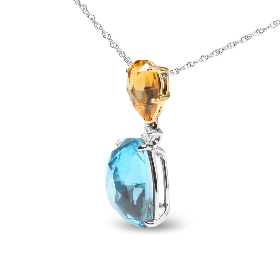 18K White and Yellow Gold Diamond Accent and Yellow Citrine and Sky Blue Topaz Gemstone Dangle Drop 18