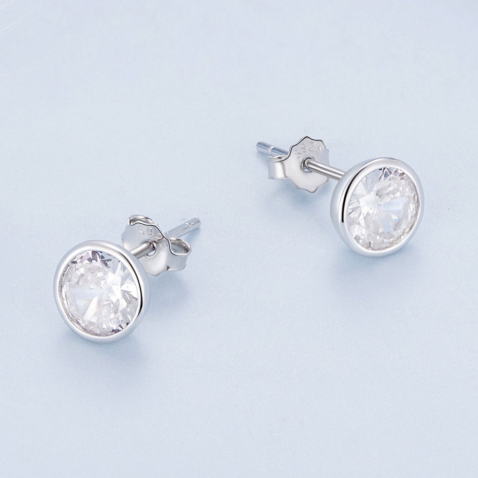 925 Sterling Silver Earrings with Pavé Setting CZ, 7mm, Plated Platinum for Women