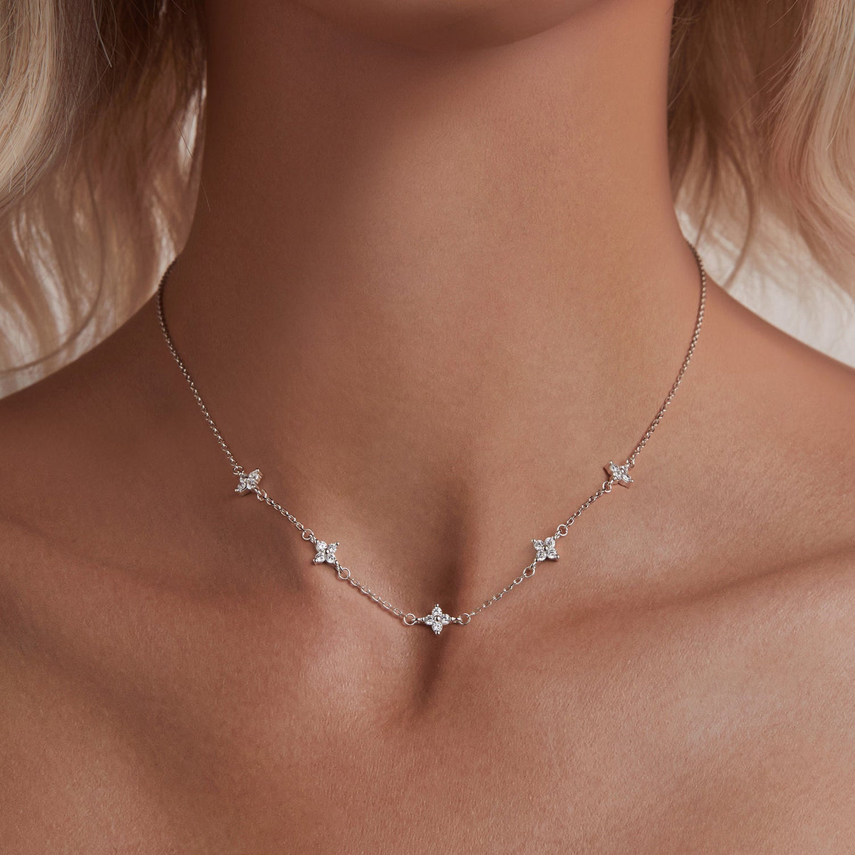 925 Sterling Silver Pave Setting CZ Necklace with White Gold Plating 400mm for Women