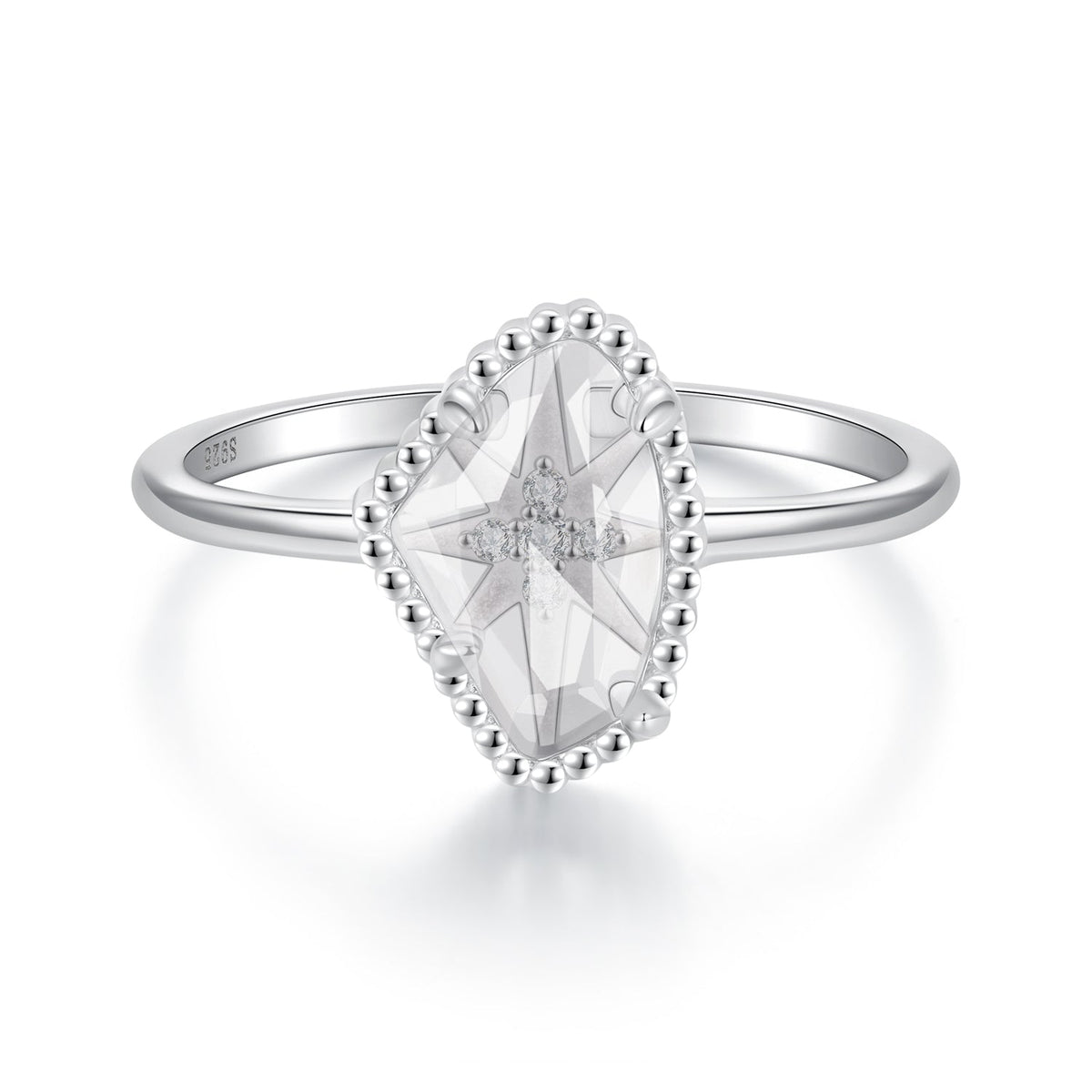 925 Sterling Silver Ring with Transparent Glass and CZ, 0.15cm Width, for Women