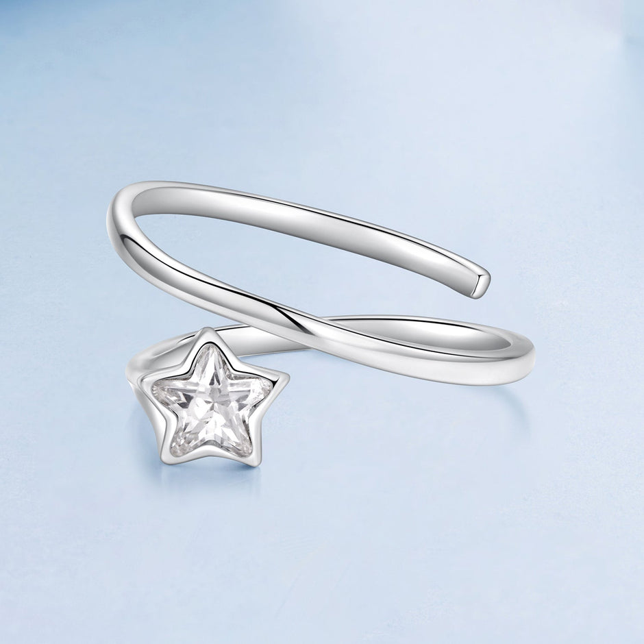 925 Sterling Silver White Gold Plated Pavé CZ Star Ring for Women