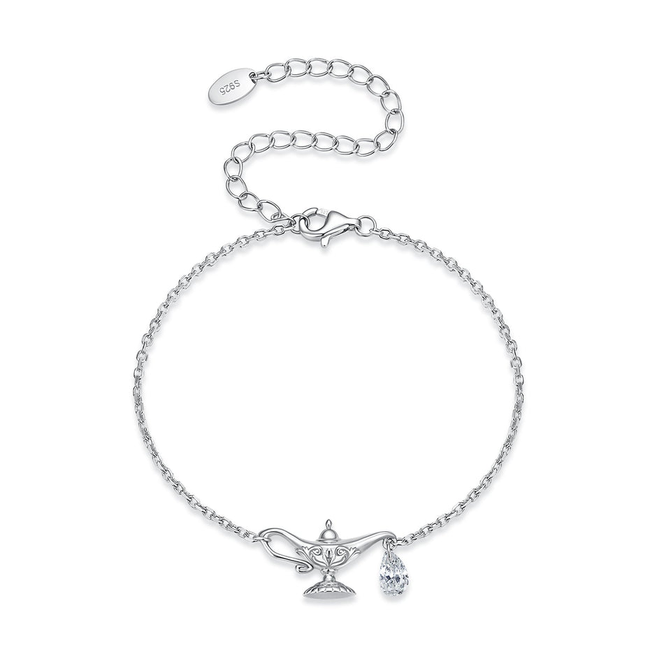 925 Sterling Silver White Gold Plated CZ Pavé 15+6cm Chain 1.0x1.7cm Pendant Bracelet for Women