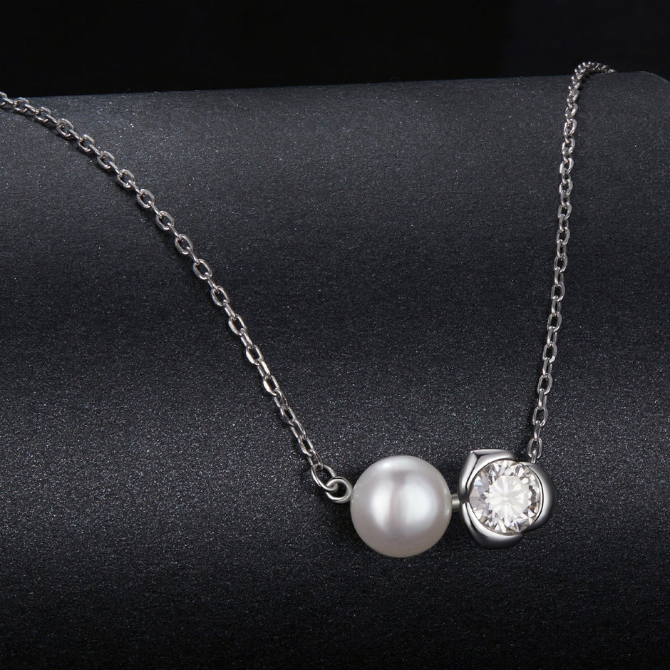 925 Sterling Silver Moissanite & Freshwater Pearl White Gold Necklace 45cm for Women