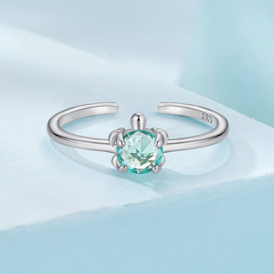 925 Sterling Silver White Gold Plated Transparent Glass Turtle Ring