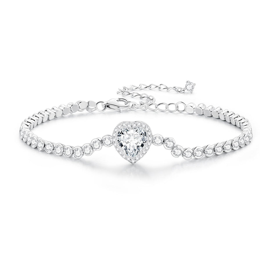 925 Sterling Silver Bracelet with CZ Zircon, 15+6.5cm, Platinum Plated for Women