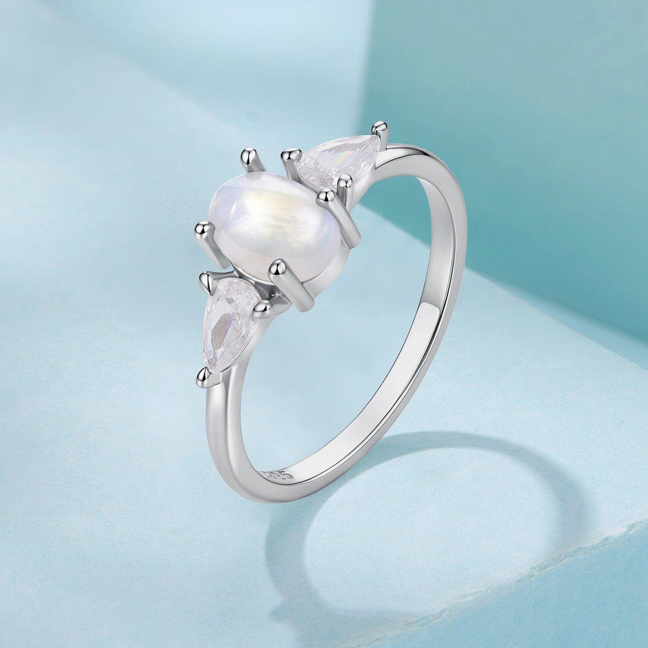 925 Sterling Silver White Gold Plated Natural Moonstone CZ Size 6 Ring for Women