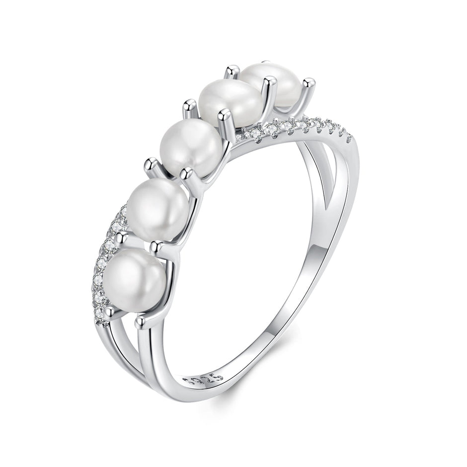 925 Sterling Silver White Gold Plated Freshwater Pearl Ring Size 6 for Women
