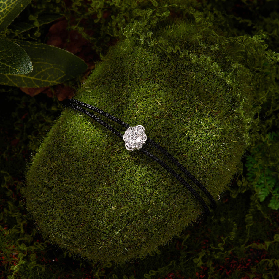 925 Sterling Silver White Gold Plated Round Moissanite 15+6cm Cotton Cord Bracelet for Women