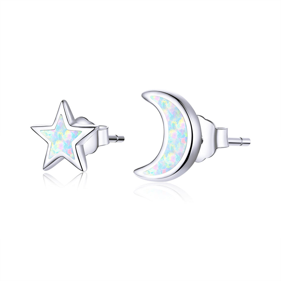 925 Sterling Silver Opal Earrings for Women - Star & Moon Design