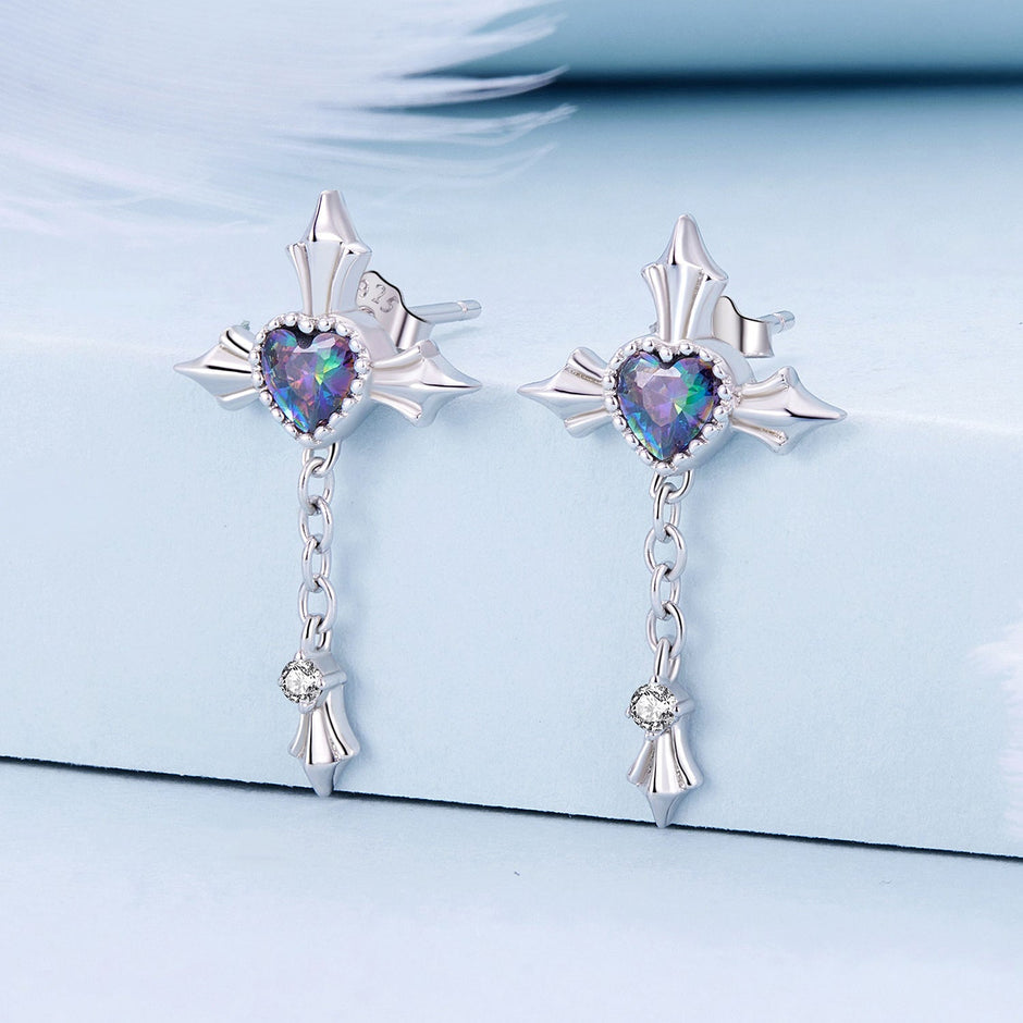 925 Sterling Silver Earrings with CZ and Glass, 24x13mm for Women