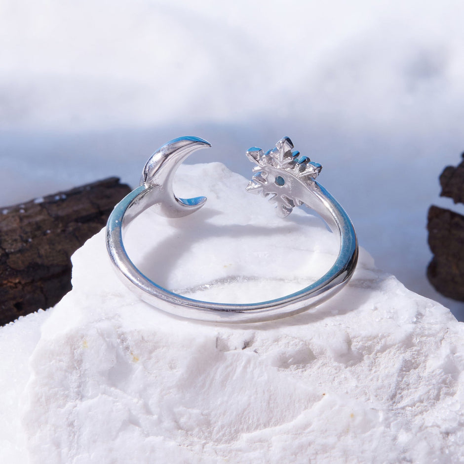 925 Sterling Silver Ring with Glass Snowflakes and Moon for Women