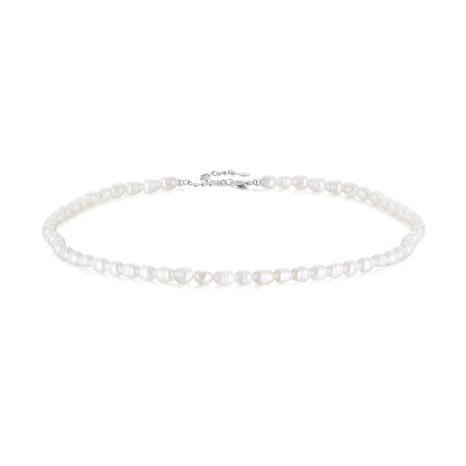 925 Sterling Silver Necklace with Natural Pearl and Platinum Plating, 38+5cm, Women