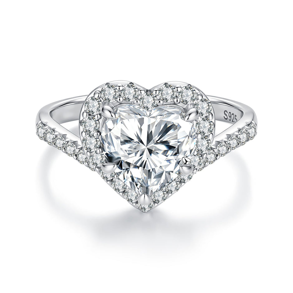 925 Sterling Silver White Gold Plated 2ct Moissanite Heart Ring Size 6 for Women